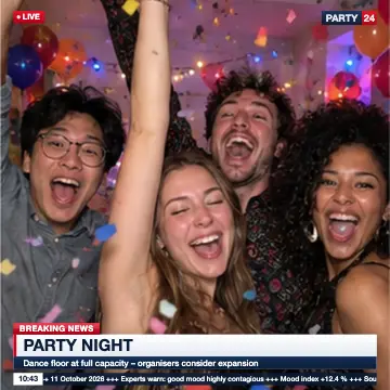 Breaking news effect on friends celebrating in confetti — online photo booth
