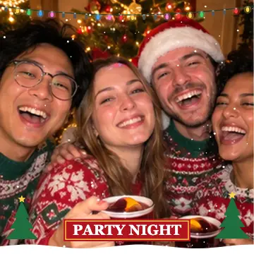 Christmas effect on friends in Christmas sweaters — online photo booth