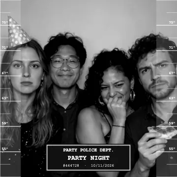 Mugshot effect on four friends lined up at a party — online photo booth