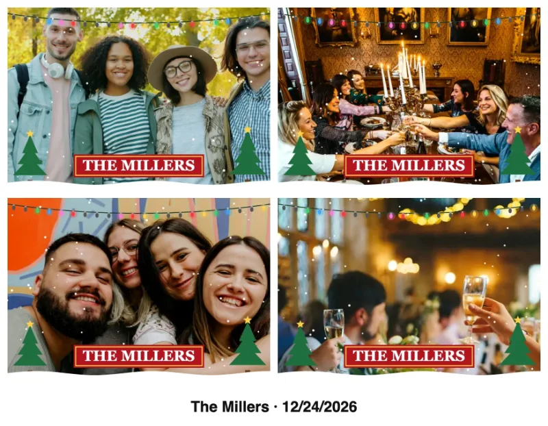 Photo Christmas card in postcard layout: four group photos with the Christmas effect, the family name on the ribbon and a caption with the date