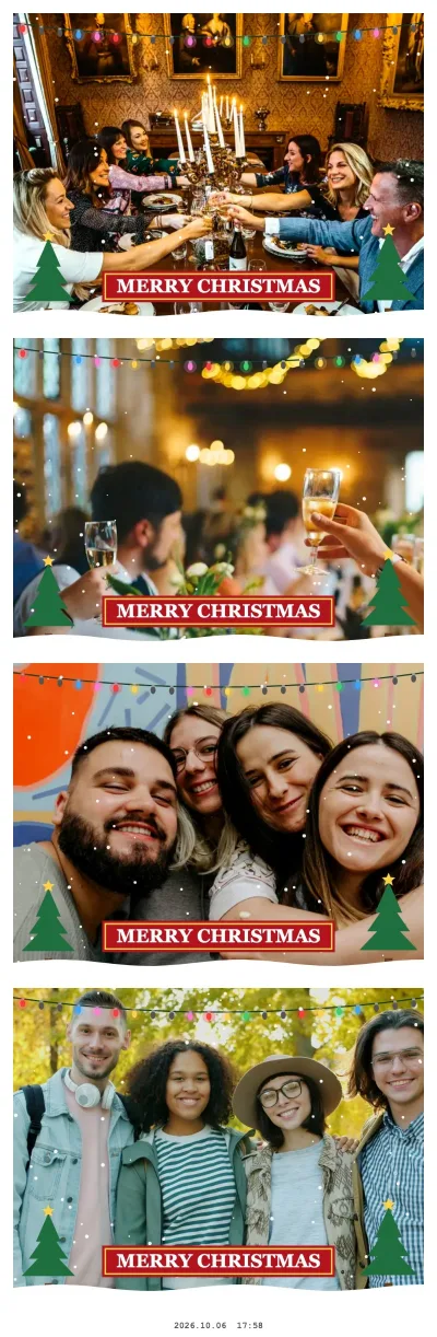 Christmas photo booth strip of friends at a dinner party with string lights, snow, fir trees and a “Merry Christmas” ribbon