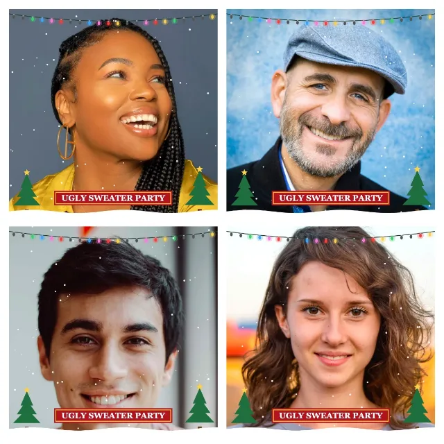 2×2 Christmas collage of four portraits with the Christmas effect and the text “Ugly Sweater Party”