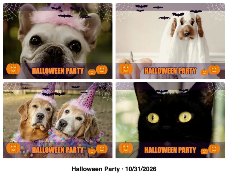 Postcard-size Halloween collage of four pet photos with a “Halloween Party” caption and the date