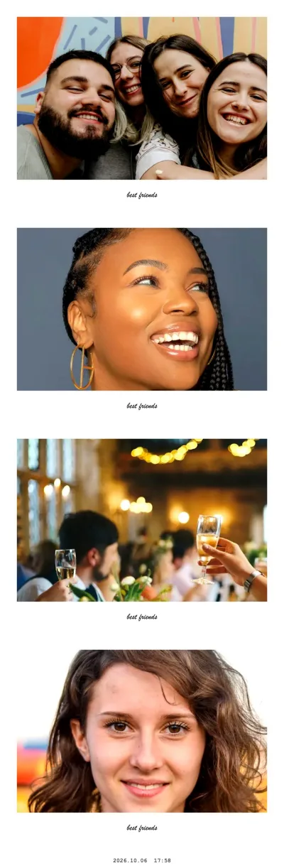 Four-cut strip where every shot has a white instant-photo frame with the handwritten caption “best friends”