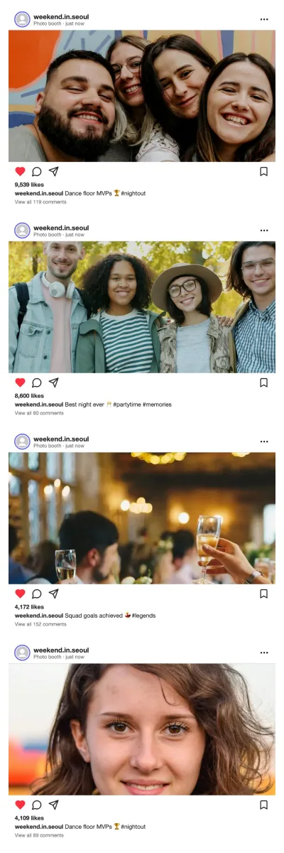 Four-cut strip framed as social-media posts with the handle “weekend.in.seoul”