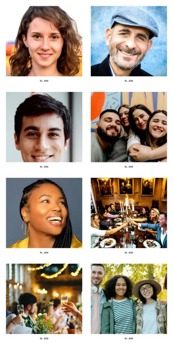 Shared long-distance photo booth strip: four rows, each with two people’s shots from two places side by side, white instant-photo frames
