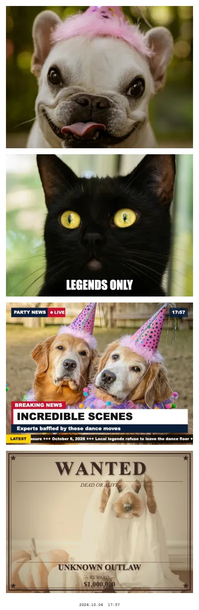 Pet photo strip with four different effects: Big Head dog, Meme cat, Breaking News dogs and a Wanted poster dog in a ghost costume