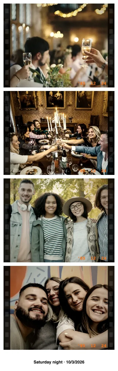 Photo booth strip of a dinner party in warm Vintage Film look with a caption line under the photos