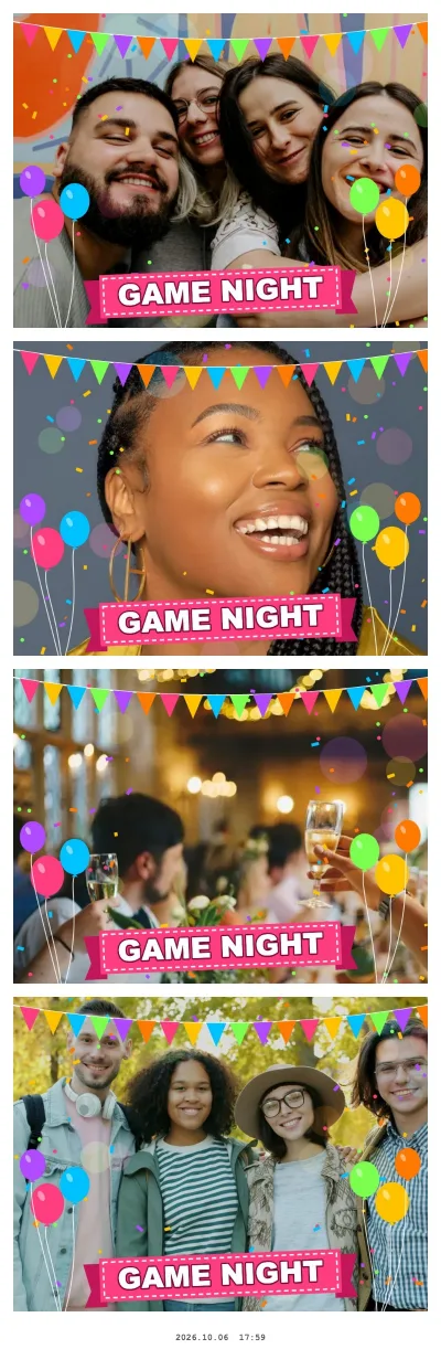 Classic 4-photo booth strip of friends with the Party effect and a date stamp