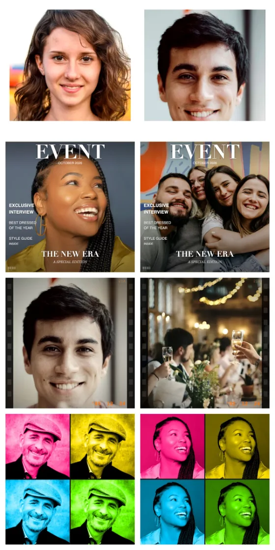 Shared photo booth strip with a different look in every row: Instant photo, Magazine, Vintage Film and Pop Art