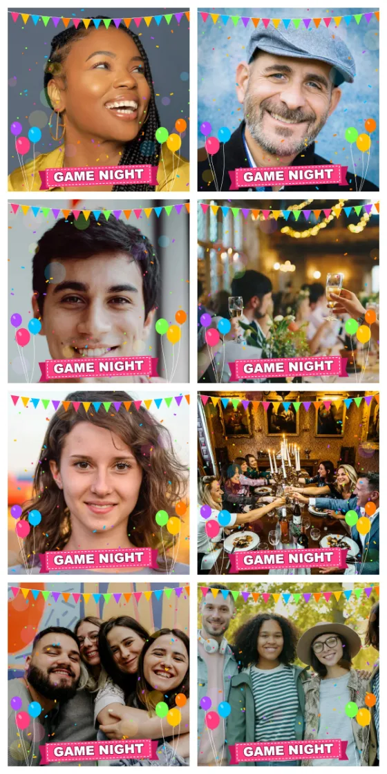 Shared photo booth strip from two places: four rows, each with two friends’ shots side by side, Party effect