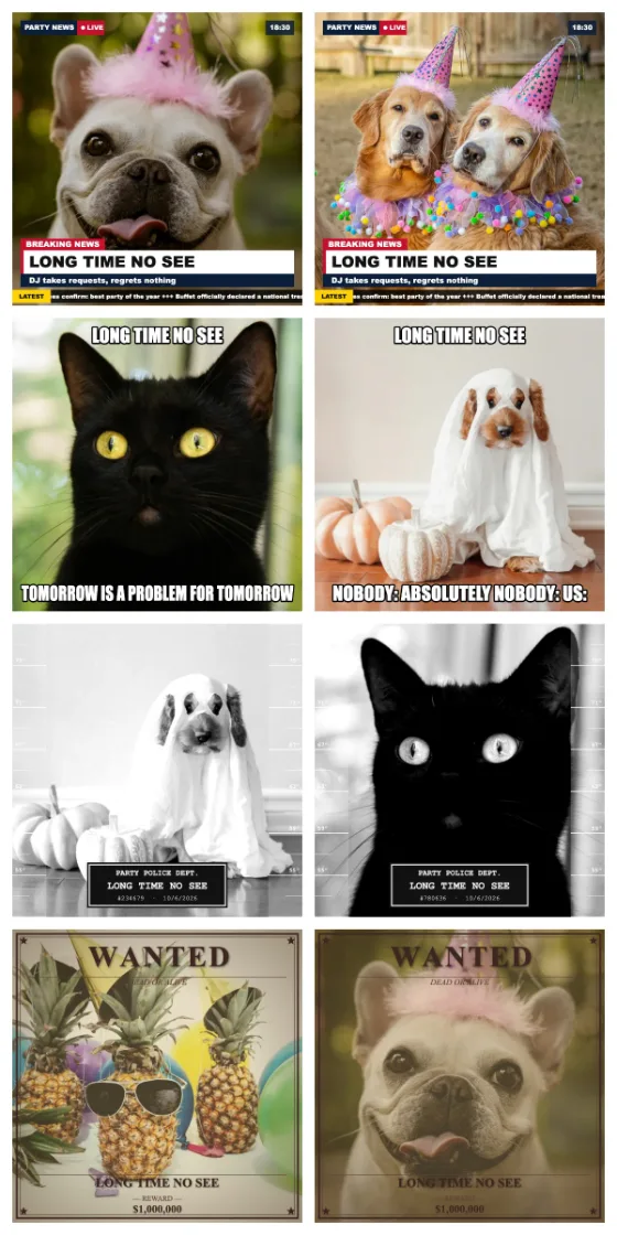 Shared strip of two pets in two homes with the Breaking News, Meme, Mugshot and Wanted effects