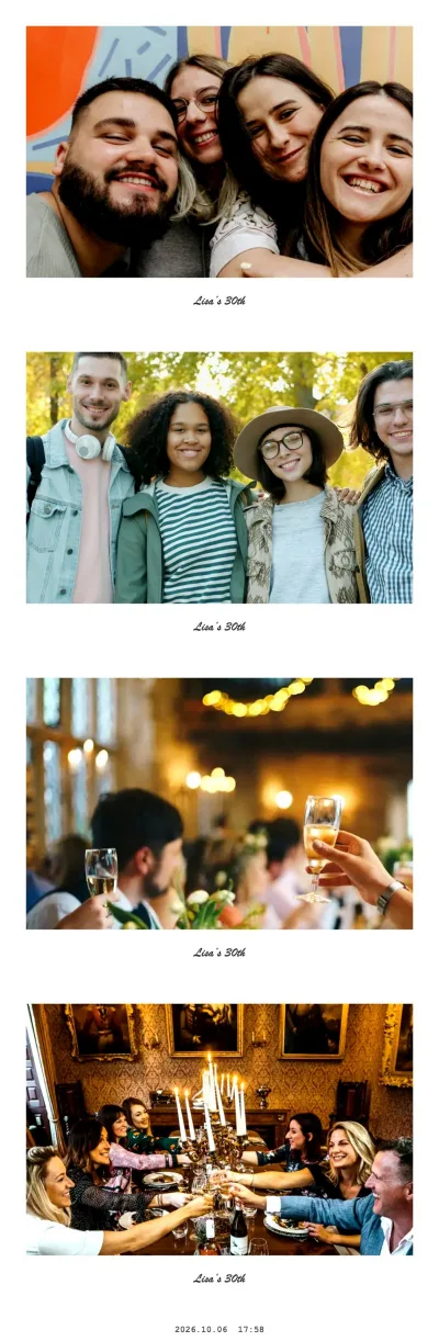 Photo strip of four group shots, each in an instant-photo frame captioned “Lisa’s 30th”