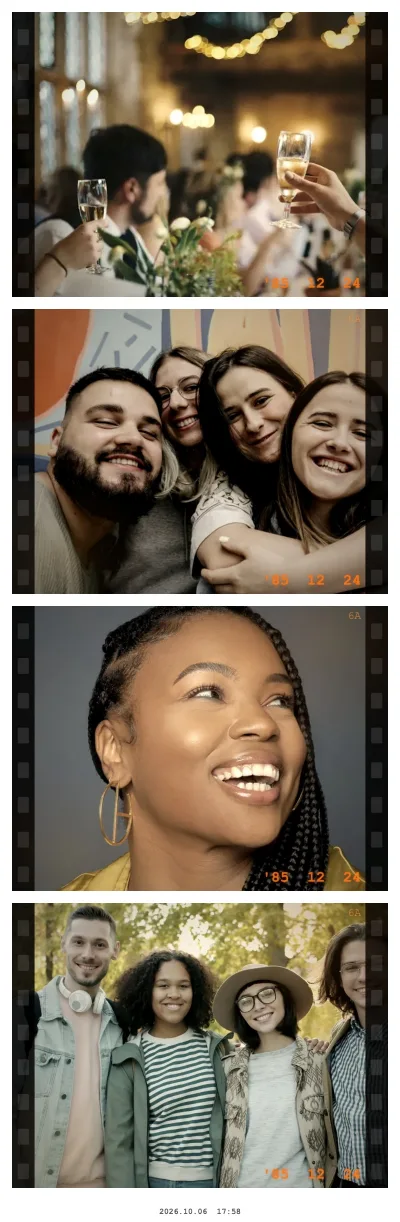 Vintage photo booth strip of four party photos with warm film tones, film edges and light leaks