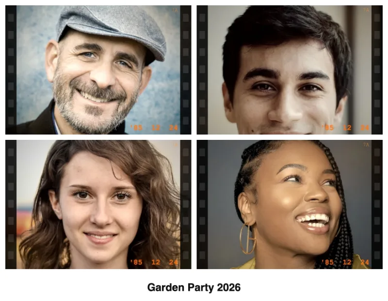 Postcard-size vintage collage of four portraits captioned “Garden Party 2026”