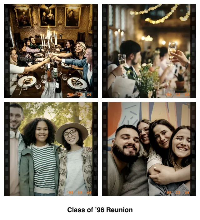 2×2 vintage collage of a dinner party and friends toasting, captioned “Class of ’96 Reunion”
