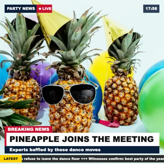 Pineapple on a news broadcast frame with the headline “Pineapple joins the meeting”