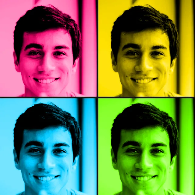 Portrait split into four bright Warhol-style colour tiles — the Pop Art webcam effect