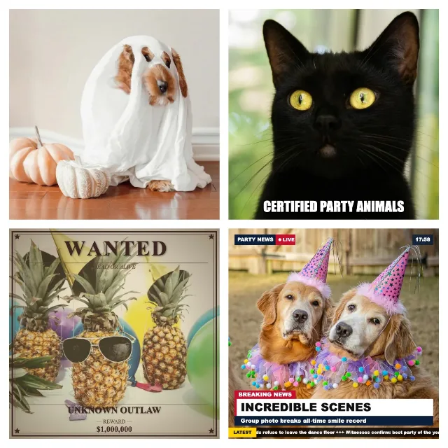 2×2 collage of pet and pineapple photos with four different webcam effects: Big Head, Meme, Wanted and Breaking News
